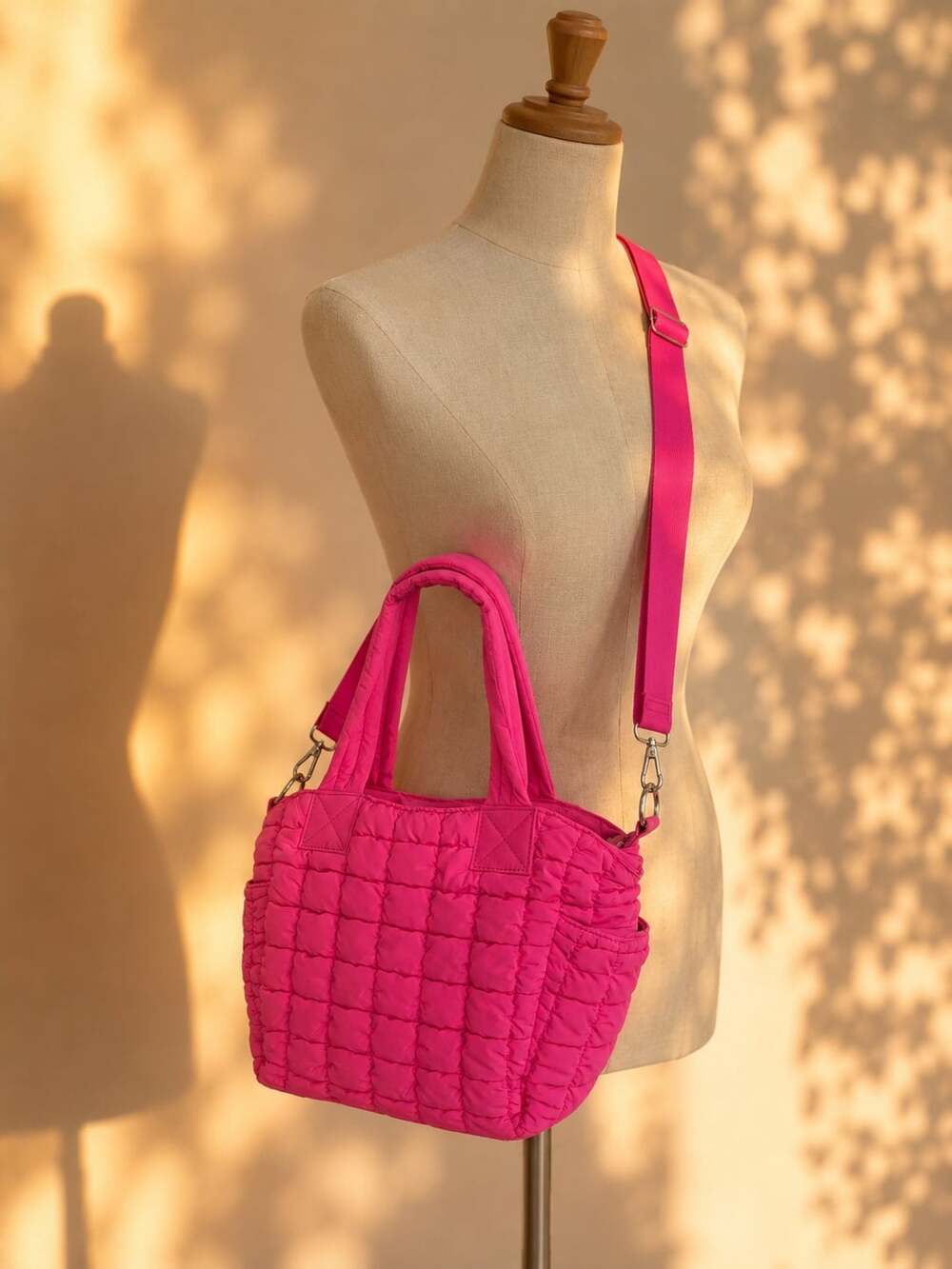 EcoStitch USA Hot Pink Quilted Puffer Tote Bag Crossbody Travel Lightweight - Picture 1 of 14